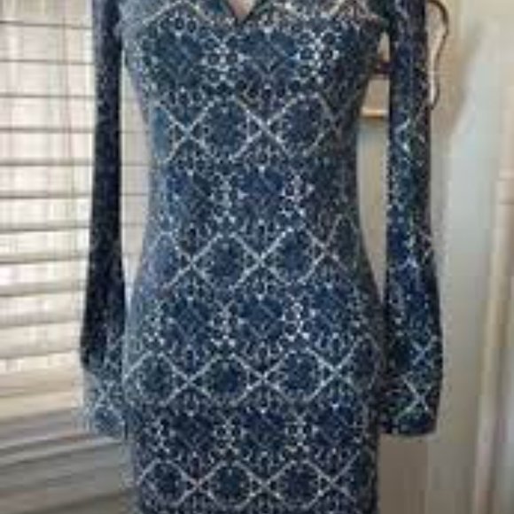TORY BURCH Blue White Walker long sleeve SILK Mini DRESS - Picture 5 of 7